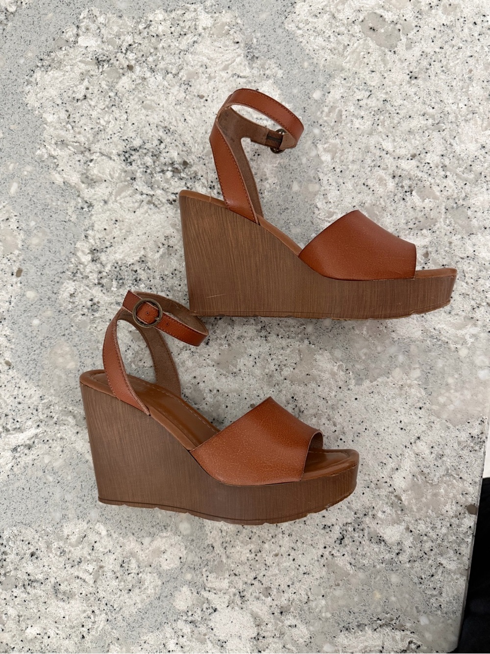 Limelight Brown Leather-Look Ankle Strap Wedge Sandals